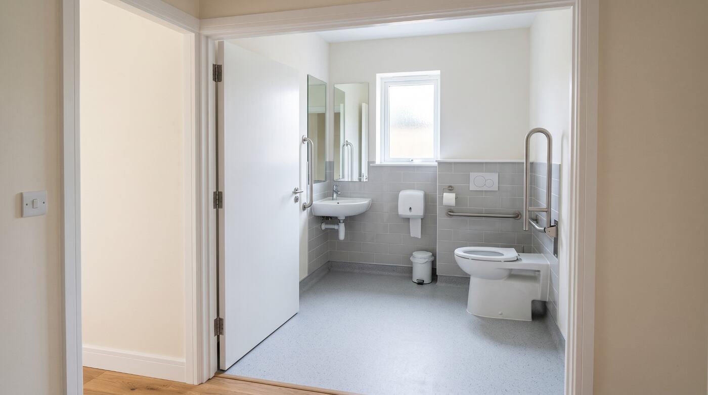 A ground-floor accessible toilet with support rails, seen through a widened doorway