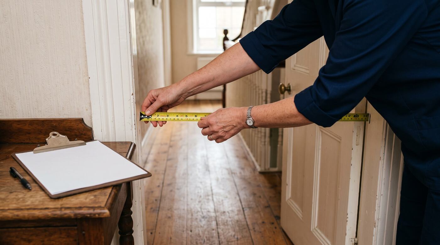 An occupational therapist measuring a doorway with a tape measure during a home visit