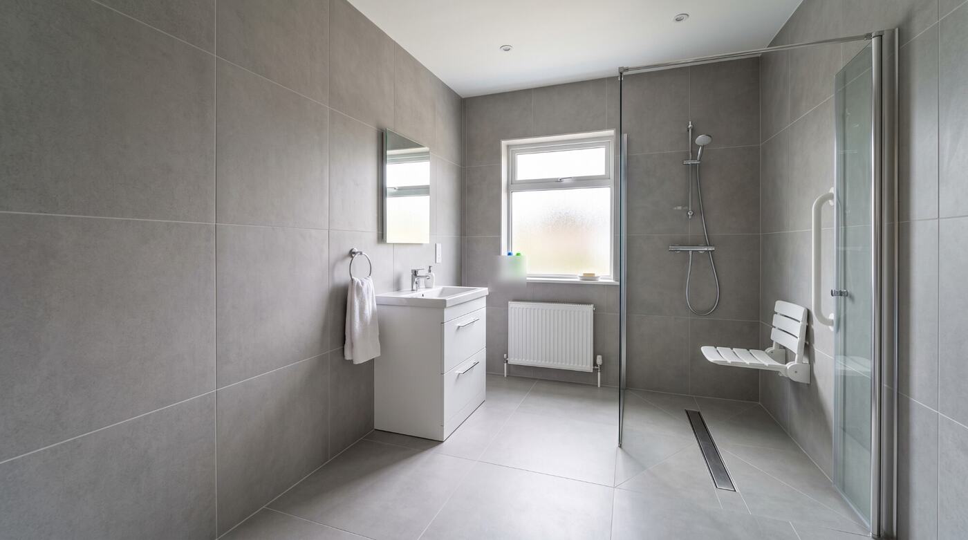 A level-access wet room with a linear floor drain, glass screen and fold-down shower seat